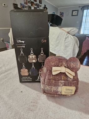 Loungefly Mauve Tweed Mini Backpack Keychain with Cream Bow